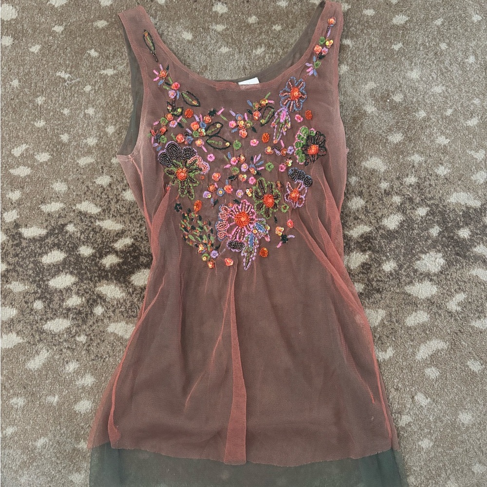 Vintage Chan Luu hand Embroidered and beaded Sheer Tank Top medium